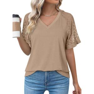 image:imageDokotoo V Neck T Shirts for Women Spring Summer Tops Dressy Casual Blouses Basic TeesBrown