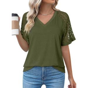 image:imageDokotoo V Neck T Shirts for Women Spring Summer Tops Dressy Casual Blouses Basic TeesGuacamole Green