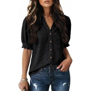 image:imageDokotoo Women Denim Shirt Button Down Casual Short Sleeve V Neck Blouse Summer TopsBlack