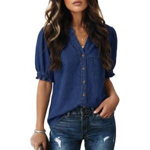 image:imageDokotoo Women Denim Shirt Button Down Casual Short Sleeve V Neck Blouse Summer TopsNavy Blue