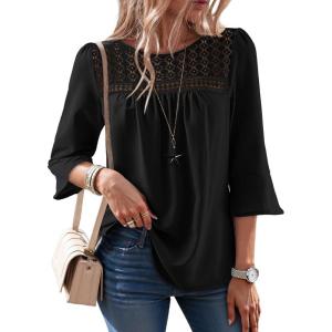 image:imageDokotoo Womens 2025 Fall Fashion Tops 34 Sleeve Crewneck Shirts Casual Chiffon Boho Lace BlousesBlack