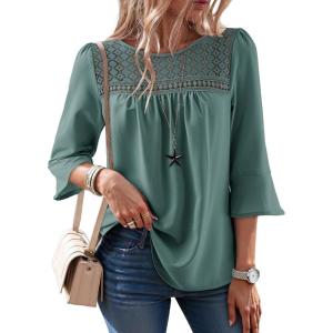 image:imageDokotoo Womens 2025 Fall Fashion Tops 34 Sleeve Crewneck Shirts Casual Chiffon Boho Lace BlousesCanton