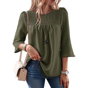 image:imageDokotoo Womens 2025 Fall Fashion Tops 34 Sleeve Crewneck Shirts Casual Chiffon Boho Lace BlousesJungle Green