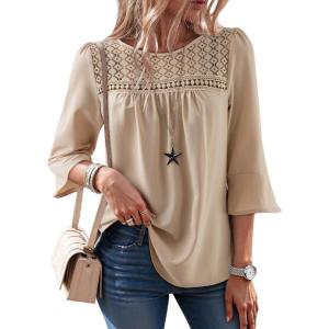 image:imageDokotoo Womens 2025 Fall Fashion Tops 34 Sleeve Crewneck Shirts Casual Chiffon Boho Lace BlousesParchment
