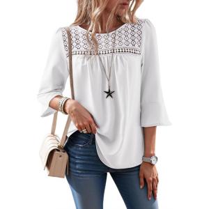 image:imageDokotoo Womens 2025 Fall Fashion Tops 34 Sleeve Crewneck Shirts Casual Chiffon Boho Lace BlousesWhite