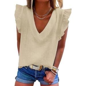image:imageDokotoo Womens 2026 Cute V Neck Ruffle Sleeveless Shirts Elegant Tank Tops BlousesApricot
