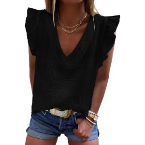 image:imageDokotoo Womens 2026 Cute V Neck Ruffle Sleeveless Shirts Elegant Tank Tops BlousesBlack