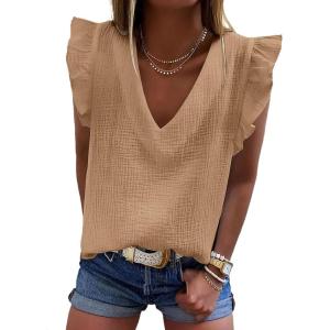 image:imageDokotoo Womens 2026 Cute V Neck Ruffle Sleeveless Shirts Elegant Tank Tops BlousesKhaki