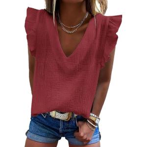 image:imageDokotoo Womens 2026 Cute V Neck Ruffle Sleeveless Shirts Elegant Tank Tops BlousesWine Red