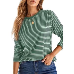 image:imageDokotoo Womens 2026 Spring Summer Casual Long Sleeve Tops Lightweight Crew Neck Knit Basic Striped T ShirtsAgreen Stripe