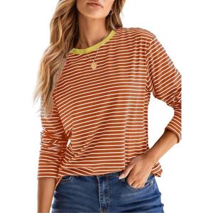image:imageDokotoo Womens 2026 Spring Summer Casual Long Sleeve Tops Lightweight Crew Neck Knit Basic Striped T ShirtsAorange Stripe
