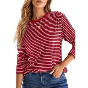 image:imageDokotoo Womens 2026 Spring Summer Casual Long Sleeve Tops Lightweight Crew Neck Knit Basic Striped T ShirtsAred Stripe