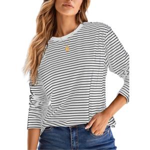 image:imageDokotoo Womens 2026 Spring Summer Casual Long Sleeve Tops Lightweight Crew Neck Knit Basic Striped T ShirtsBlack Stripe