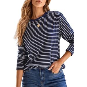 image:imageDokotoo Womens 2026 Spring Summer Casual Long Sleeve Tops Lightweight Crew Neck Knit Basic Striped T ShirtsBlue Stripe