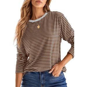 image:imageDokotoo Womens 2026 Spring Summer Casual Long Sleeve Tops Lightweight Crew Neck Knit Basic Striped T ShirtsBrown Stripe
