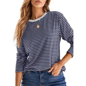 image:imageDokotoo Womens 2026 Spring Summer Casual Long Sleeve Tops Lightweight Crew Neck Knit Basic Striped T ShirtsGray Stripe