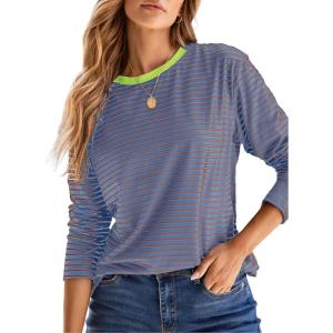 image:imageDokotoo Womens 2026 Spring Summer Casual Long Sleeve Tops Lightweight Crew Neck Knit Basic Striped T ShirtsGreen Red Stripe