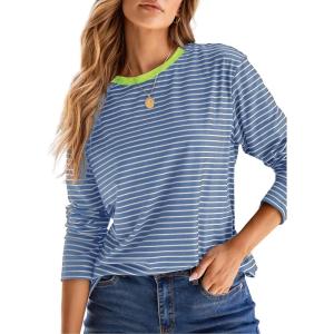 image:imageDokotoo Womens 2026 Spring Summer Casual Long Sleeve Tops Lightweight Crew Neck Knit Basic Striped T ShirtsNavy Stripe