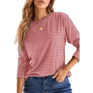 image:imageDokotoo Womens 2026 Spring Summer Casual Long Sleeve Tops Lightweight Crew Neck Knit Basic Striped T ShirtsPink Stripe