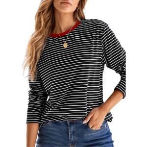 image:imageDokotoo Womens 2026 Spring Summer Casual Long Sleeve Tops Lightweight Crew Neck Knit Basic Striped T ShirtsRed White Stripe