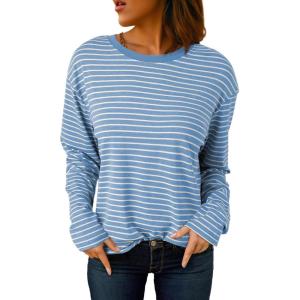 image:imageDokotoo Womens 2026 Spring Summer Casual Long Sleeve Tops Lightweight Crew Neck Knit Basic Striped T ShirtsSky Blue Stripe