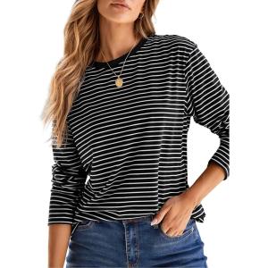 image:imageDokotoo Womens 2026 Spring Summer Casual Long Sleeve Tops Lightweight Crew Neck Knit Basic Striped T ShirtsWhite Stripe