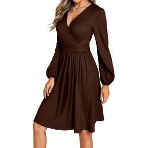 image:imageDokotoo Womens 2026 Spring Summer Wrap VNeck Long Sleeve Empire Waist Dress Elegant Mini Dresses with PocketsBrown