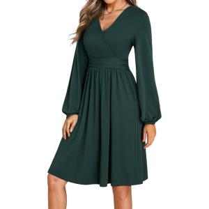 image:imageDokotoo Womens 2026 Spring Summer Wrap VNeck Long Sleeve Empire Waist Dress Elegant Mini Dresses with PocketsGreen