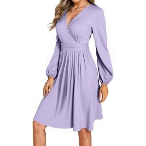 image:imageDokotoo Womens 2026 Spring Summer Wrap VNeck Long Sleeve Empire Waist Dress Elegant Mini Dresses with PocketsPurple