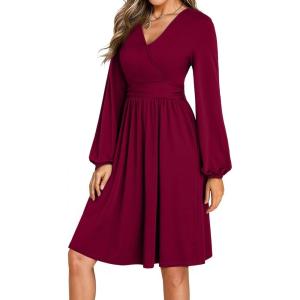 image:imageDokotoo Womens 2026 Spring Summer Wrap VNeck Long Sleeve Empire Waist Dress Elegant Mini Dresses with PocketsRed