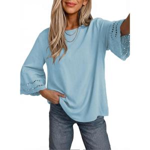 image:imageDokotoo Womens 34 Bell Sleeve Hollow Out Ruffle Shirts Crewneck Trendy Casual Loose Fit Blouse TopsBeau Blue