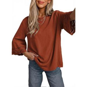 image:imageDokotoo Womens 34 Bell Sleeve Hollow Out Ruffle Shirts Crewneck Trendy Casual Loose Fit Blouse TopsTawny
