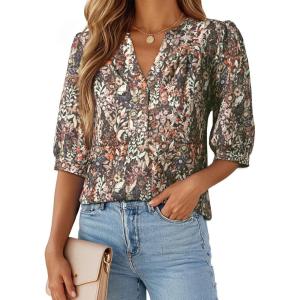 image:imageDokotoo Womens 34 Length Sleeve Womens Tops Dressy Casual Blouses V Neck ShirtsBrown