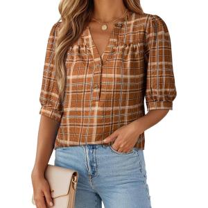 image:imageDokotoo Womens 34 Length Sleeve Womens Tops Dressy Casual Blouses V Neck ShirtsKhaki