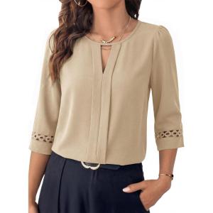 image:imageDokotoo Womens 34 Sleeve Tops Dressy Blouses Crewneck Business Casual Office Shirts ClothesKhaki