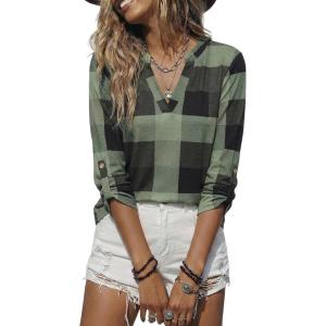image:imageDokotoo Womens Basic Casual V Neck Plaid Print Cuffed Long Sleeve Work Tops Blouses Shirts S2XLGreen 3
