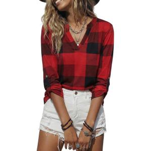 image:imageDokotoo Womens Basic Casual V Neck Plaid Print Cuffed Long Sleeve Work Tops Blouses Shirts S2XLRed 2