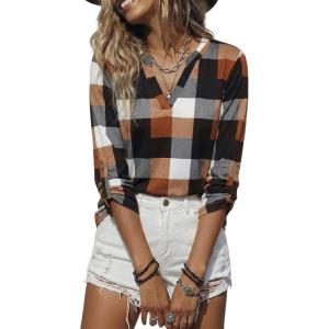 image:imageDokotoo Womens Basic Casual V Neck Plaid Print Cuffed Long Sleeve Work Tops Blouses Shirts S2XLYellow