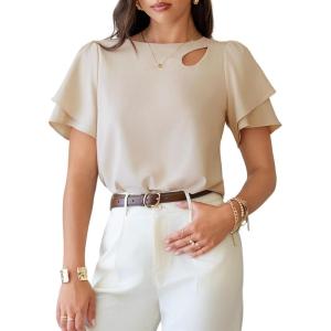 image:imageDokotoo Womens Blouses Double Layer Ruffle Sleeve Casual Shirt Crewneck CutOut Tops Summer OutfitsBeige