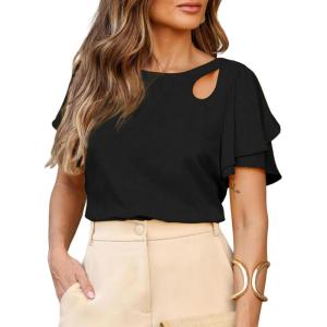 image:imageDokotoo Womens Blouses Double Layer Ruffle Sleeve Casual Shirt Crewneck CutOut Tops Summer OutfitsBlack
