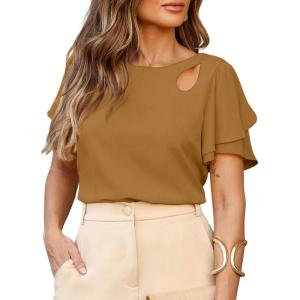 image:imageDokotoo Womens Blouses Double Layer Ruffle Sleeve Casual Shirt Crewneck CutOut Tops Summer OutfitsBrown