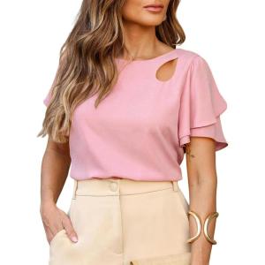 image:imageDokotoo Womens Blouses Double Layer Ruffle Sleeve Casual Shirt Crewneck CutOut Tops Summer OutfitsPink