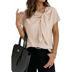 image:imageDokotoo Womens Business Casual Short Sleeve Chiffon Slit Shirts 2026 Summer Elegant Knot Neckline TopsBeige