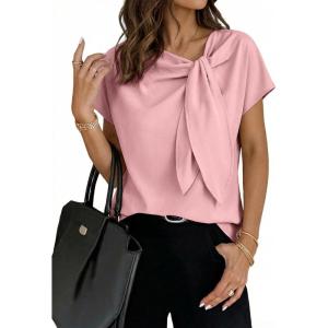 image:imageDokotoo Womens Business Casual Short Sleeve Chiffon Slit Shirts 2026 Summer Elegant Knot Neckline TopsFushia