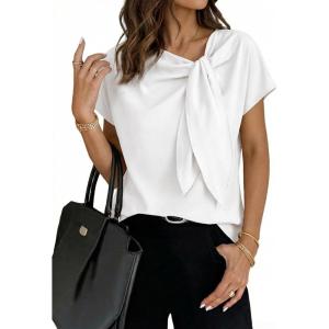image:imageDokotoo Womens Business Casual Short Sleeve Chiffon Slit Shirts 2026 Summer Elegant Knot Neckline TopsWhite