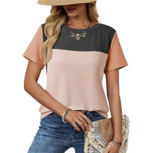 image:imageDokotoo Womens Casual Color Block T Shirts Short Sleeve Loose Crewneck Knitted Tops 2026 Spring Summer TrendyAblack