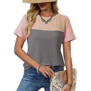 image:imageDokotoo Womens Casual Color Block T Shirts Short Sleeve Loose Crewneck Knitted Tops 2026 Spring Summer TrendyBgray