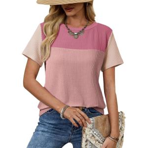 image:imageDokotoo Womens Casual Color Block T Shirts Short Sleeve Loose Crewneck Knitted Tops 2026 Spring Summer TrendyBpink
