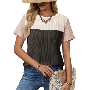 image:imageDokotoo Womens Casual Color Block T Shirts Short Sleeve Loose Crewneck Knitted Tops 2026 Spring Summer TrendyCarbon Grey