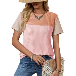 image:imageDokotoo Womens Casual Color Block T Shirts Short Sleeve Loose Crewneck Knitted Tops 2026 Spring Summer TrendyLight Pink